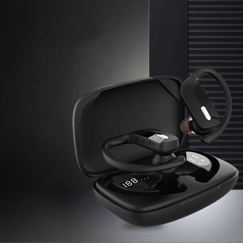 Black wireless Bluetooth headset with LED digital display and hanging ear design
