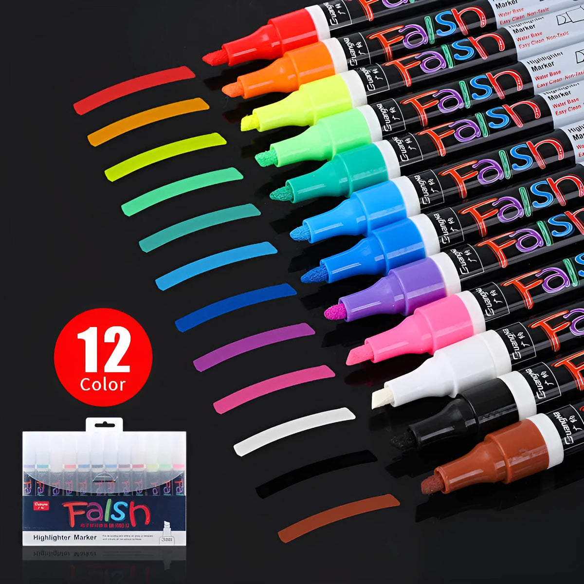 Set of 8 colourful fluorescent board pens with 6mm chisel tip on white background