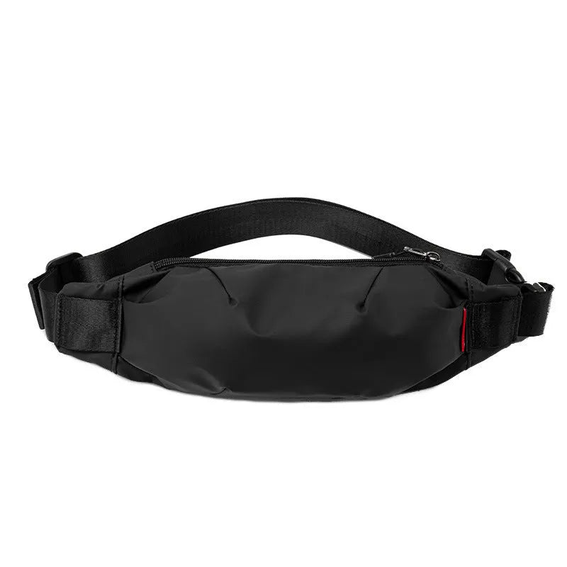 Men's black Oxford cloth crossbody waist pack showing front zipper and compact dimensions