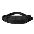 Men's black Oxford cloth crossbody waist pack showing front zipper and compact dimensions