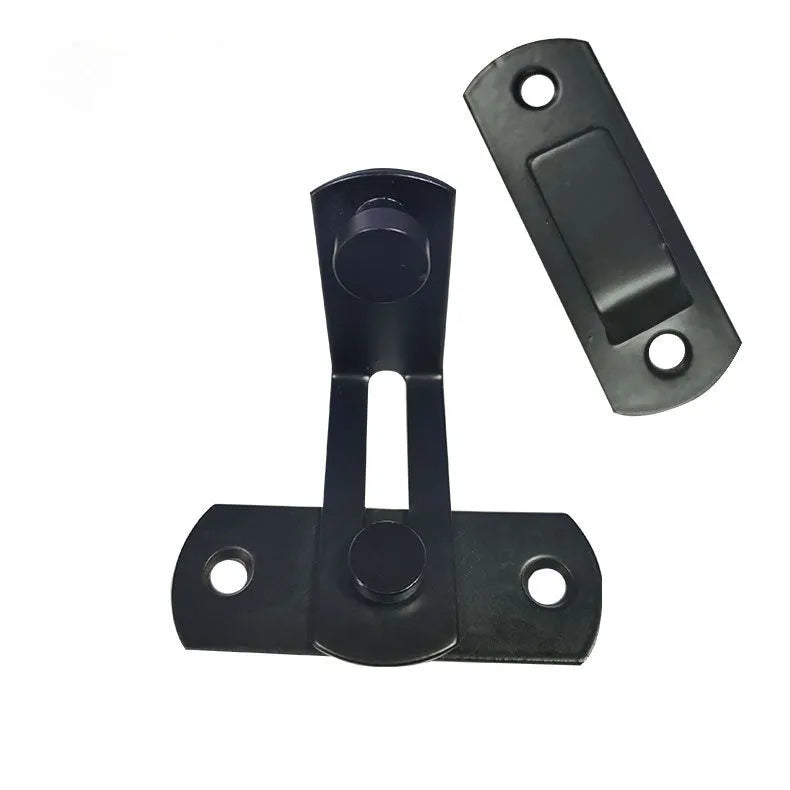 Black warehouse hook lock with 90-degree carbon steel hasp and stainless steel shackle for sliding doors.