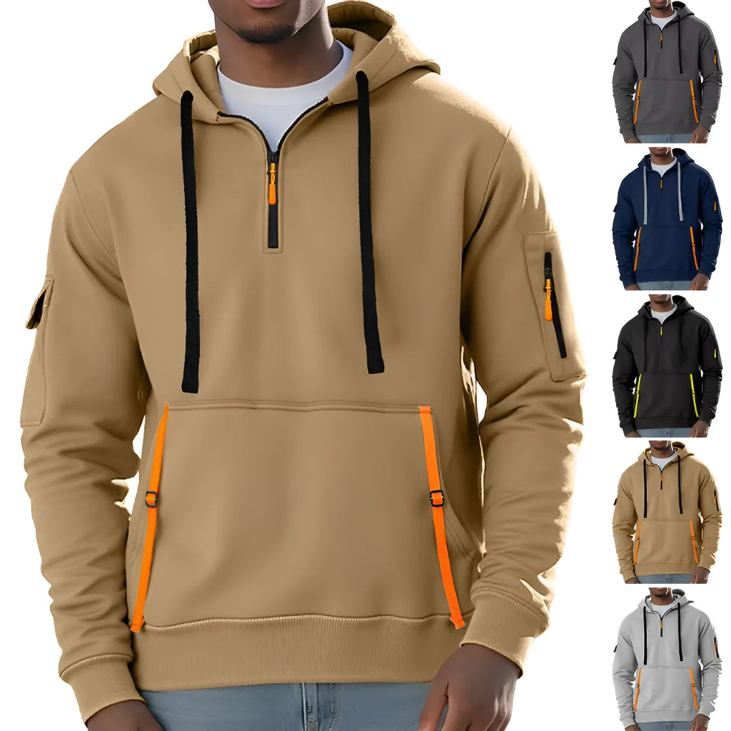 Men's fleece-lined casual hoodie pullover in khaki, polyester, long sleeves, sizes S to XXXL