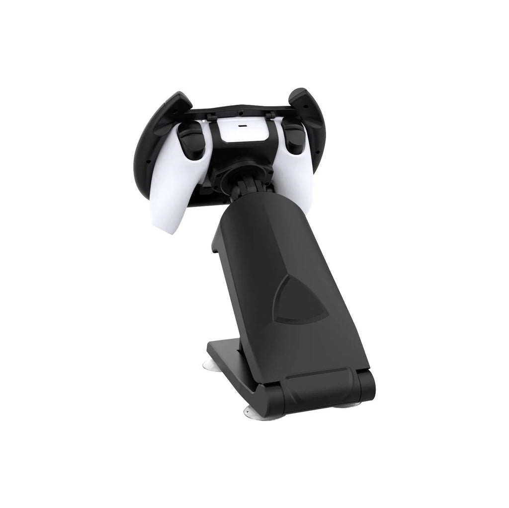 Black ABS gamepad steering wheel bracket with suction cup holding a mobile phone.