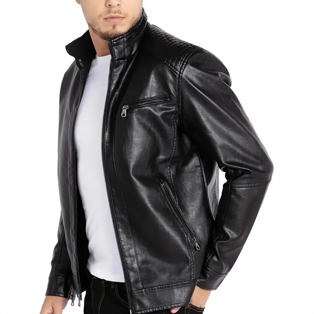 Men's brown artificial leather punk motorcycle jacket with a stand collar and straight hem