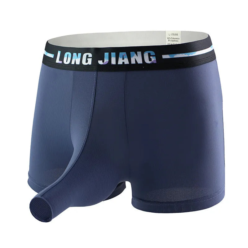 Men's solid colour ice silk boxer shorts in a mid-waist design on a white background.
