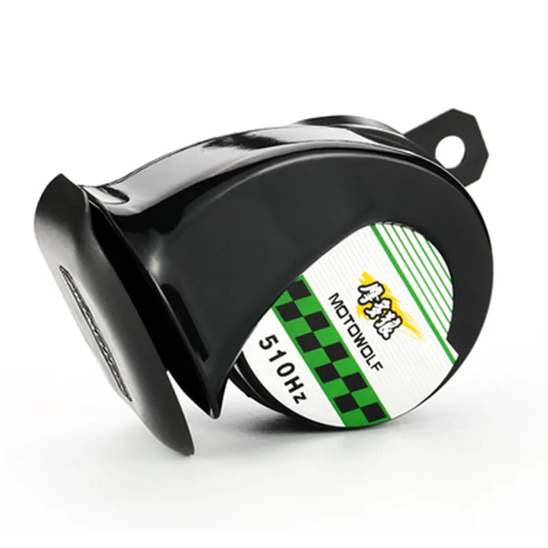 12V car and motorcycle horn with loud 110dB sound output in black ABS plastic