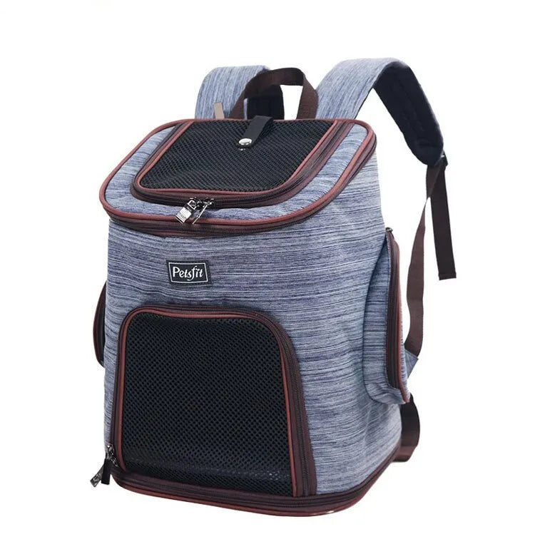 Blue pet dog backpack made from Oxford cloth and hexagonal mesh, designed for carrying small pets up to 15 jin