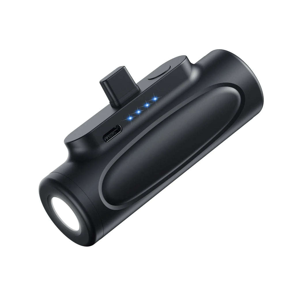 Black and pink portable power bank with integrated LED flashlight, showing USB-C and Apple port options.