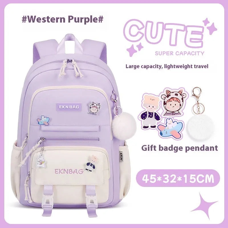Girls' pink waterproof Oxford cloth school backpack with curved shoulder straps.