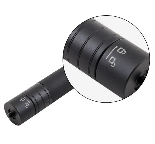 Black retractable aluminium selfie stick extended with phone attached, showing Bluetooth remote and tripod stand.