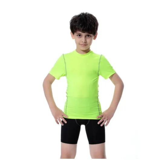 Kids sportswear set including t-shirts, shorts, and trousers in polyester spandex fabric