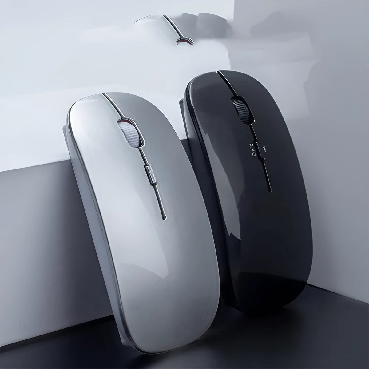 Wireless Bluetooth dual mode mouse in black with three buttons and four-way roller