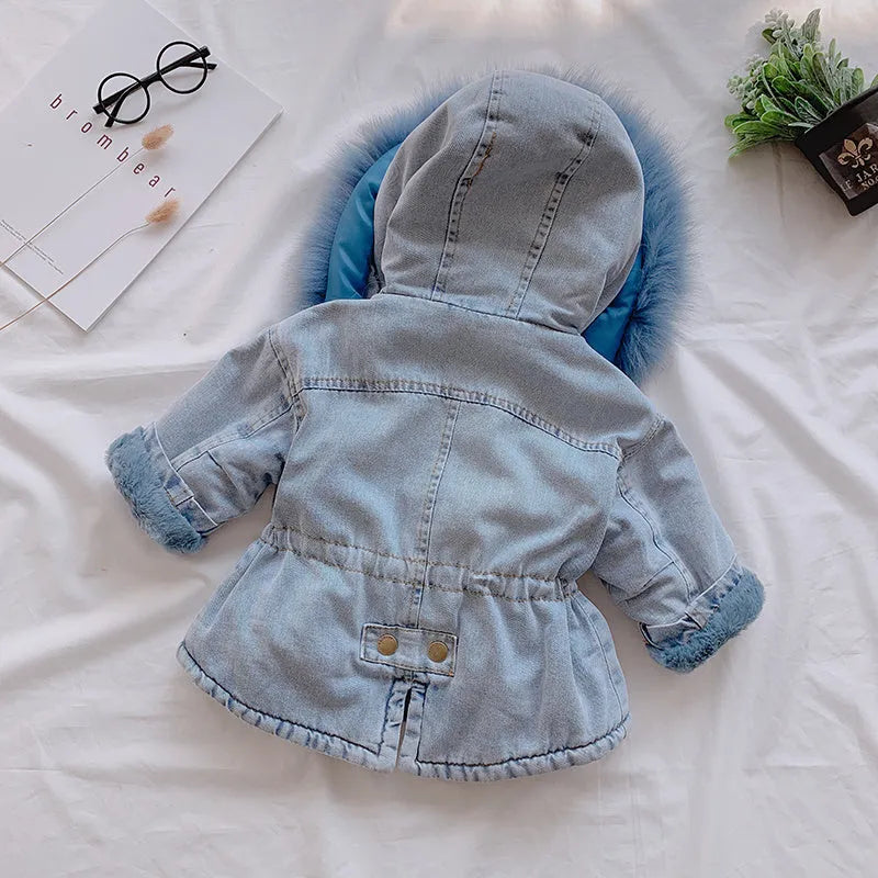 Girl's blue denim coat with an attached hood and plus velvet lining, shown on a hanger.