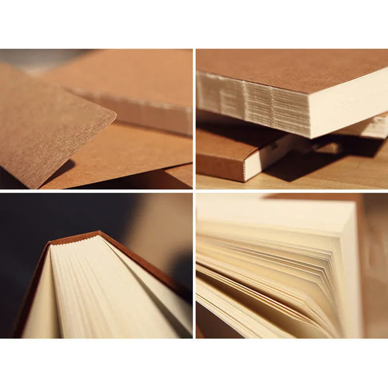 Brown and white kraft paper sketchbooks showing flat-lay wireless binding and open pages.