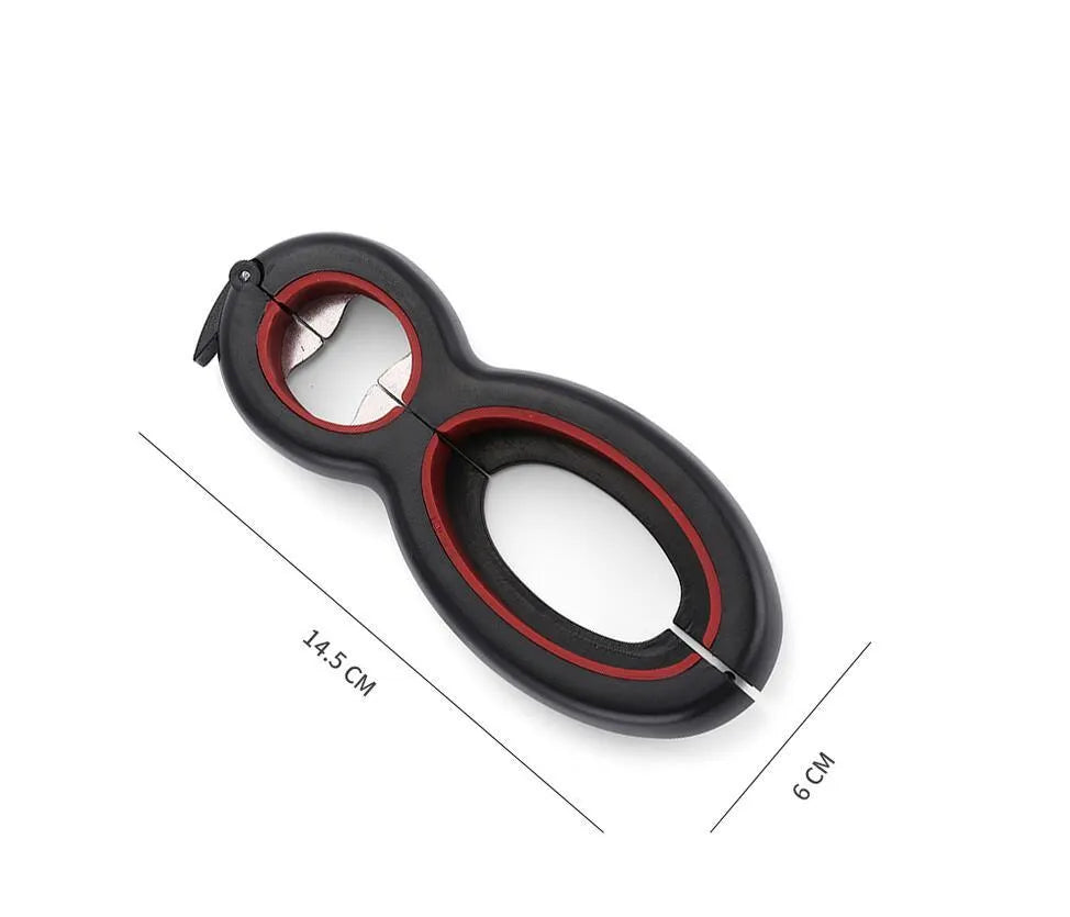 Six-in-one can opener in grey, ergonomic handle with stainless steel parts, on a kitchen counter
