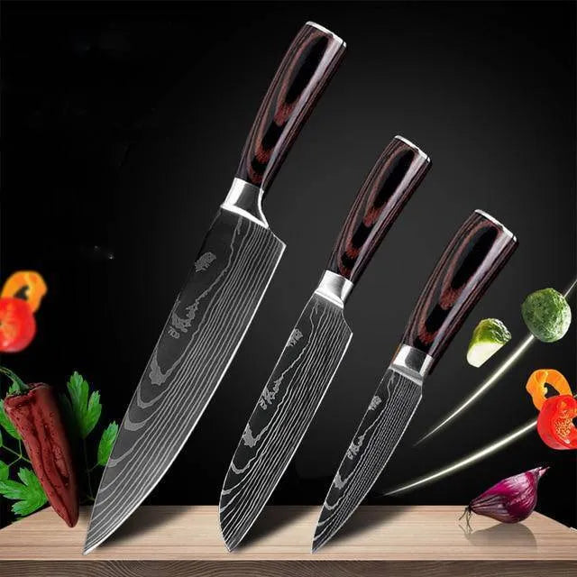 7Cr17 stainless steel kitchen knife with laser Damascus pattern blade and coloured wood handle