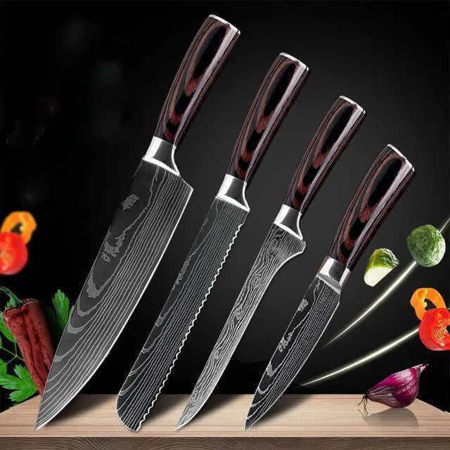 7Cr17 stainless steel kitchen knife with laser Damascus pattern blade and coloured wood handle