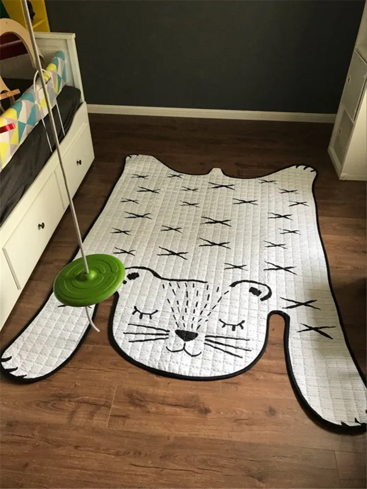 White tiger cotton baby play mat on floor with soft textile surface 130x190cm