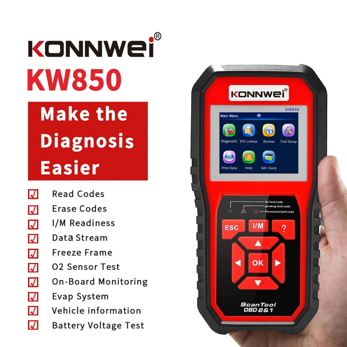 KONNWEI KW850 OBD2 code reader with TFT colour display and nylon case