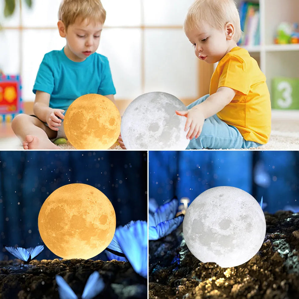 15cm 3-colour LED moon light with 3D printed plastic shade on a bedside table, touch control at base