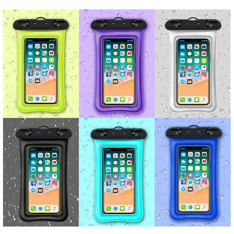 Orange PVC waterproof mobile phone pouch with a black rope lanyard attached.