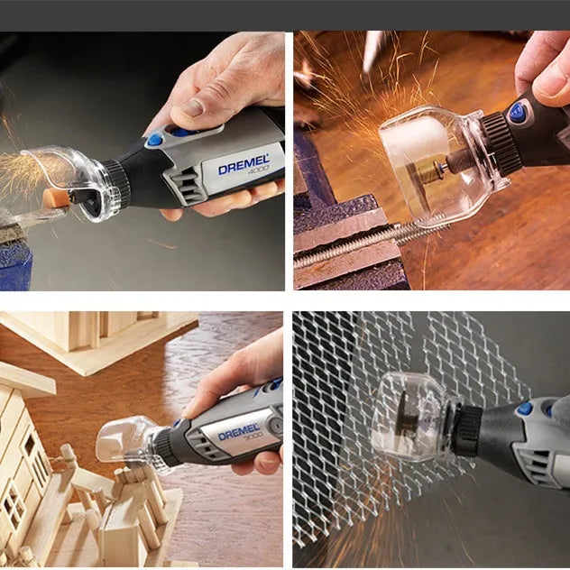 Clear plastic Delta grinder protective horn cover with threaded mounting port.