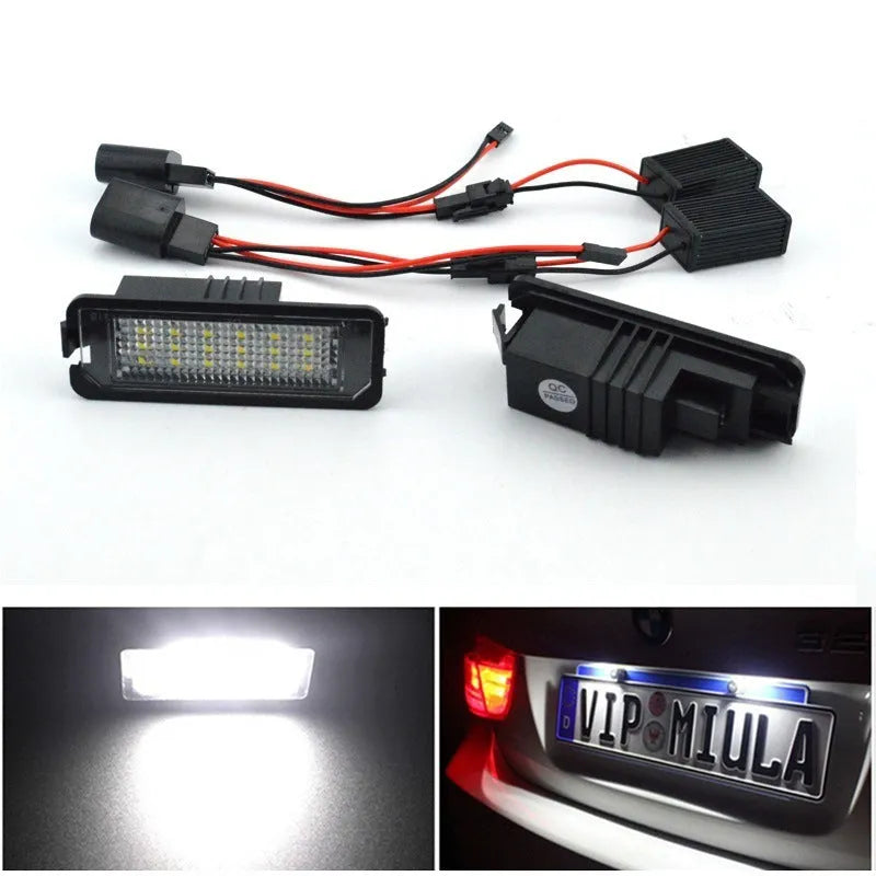 Two Volkswagen LED licence plate light units with built-in CANBUS for Golf, Polo, Phaeton models.