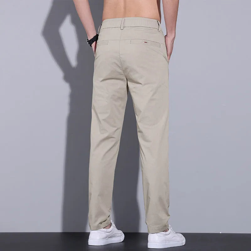 Men's straight slim fit trousers in light khaki cotton with micro elasticity for business casual wear