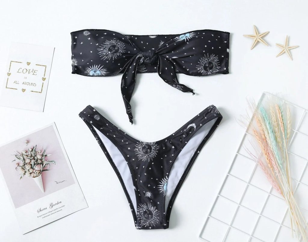 Black printed one-piece swimsuit with split tube top backless design