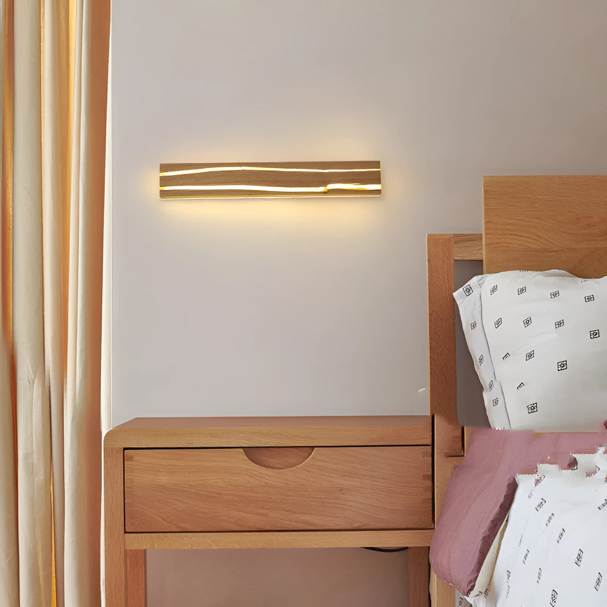 Solid wood LED wall light with rubber wood frame and acrylic diffuser in log colour
