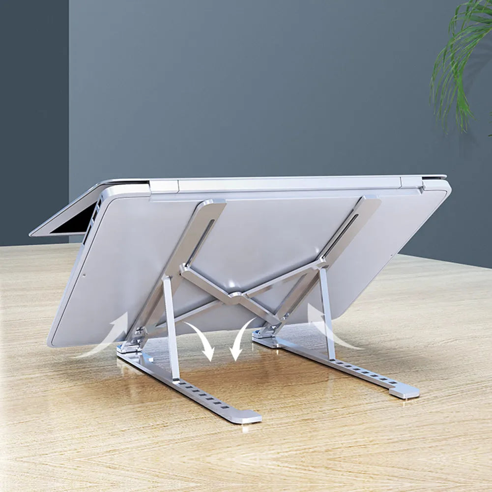 Aluminium alloy laptop stand in folded and extended positions, shown in silver colour.