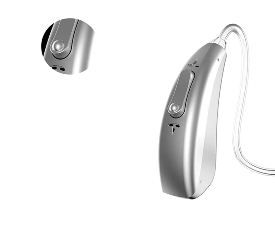 Wireless invisible hearing aid with rechargeable battery and USB charging case, available in binaural or single ear options