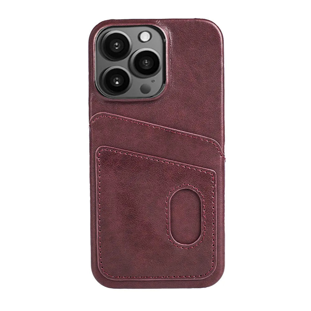 PU leather flip wallet phone case in brown, open view showing card slots for iPhone 13