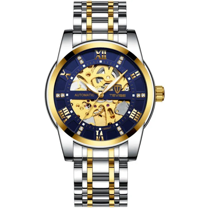TEVISE T9005A men's automatic mechanical watch with skeleton dial, stainless steel strap, and 41mm round case