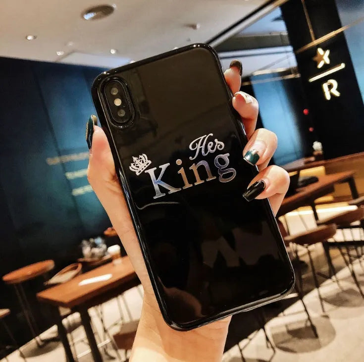 Cartoon crown phone case with KING QUEEN text for iPhone 6 6S 7 8 Plus X