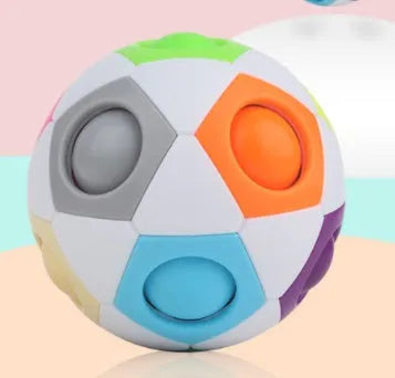 Multicoloured hexagon plastic puzzle ball with visible internal coloured balls, 7cm in diameter.