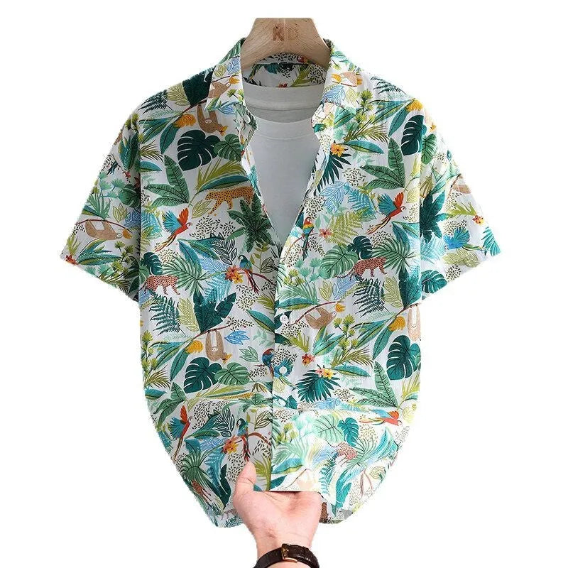 Men's short sleeve Hawaiian style shirt with floral print pattern in cotton fabric, cardigan style