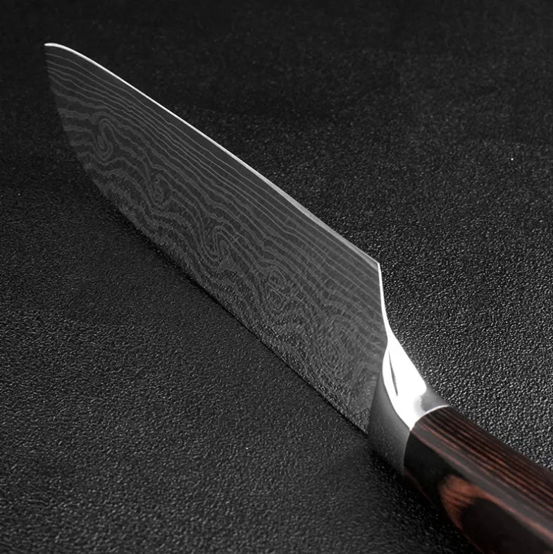 7Cr17 stainless steel kitchen knife with laser Damascus pattern blade and coloured wood handle