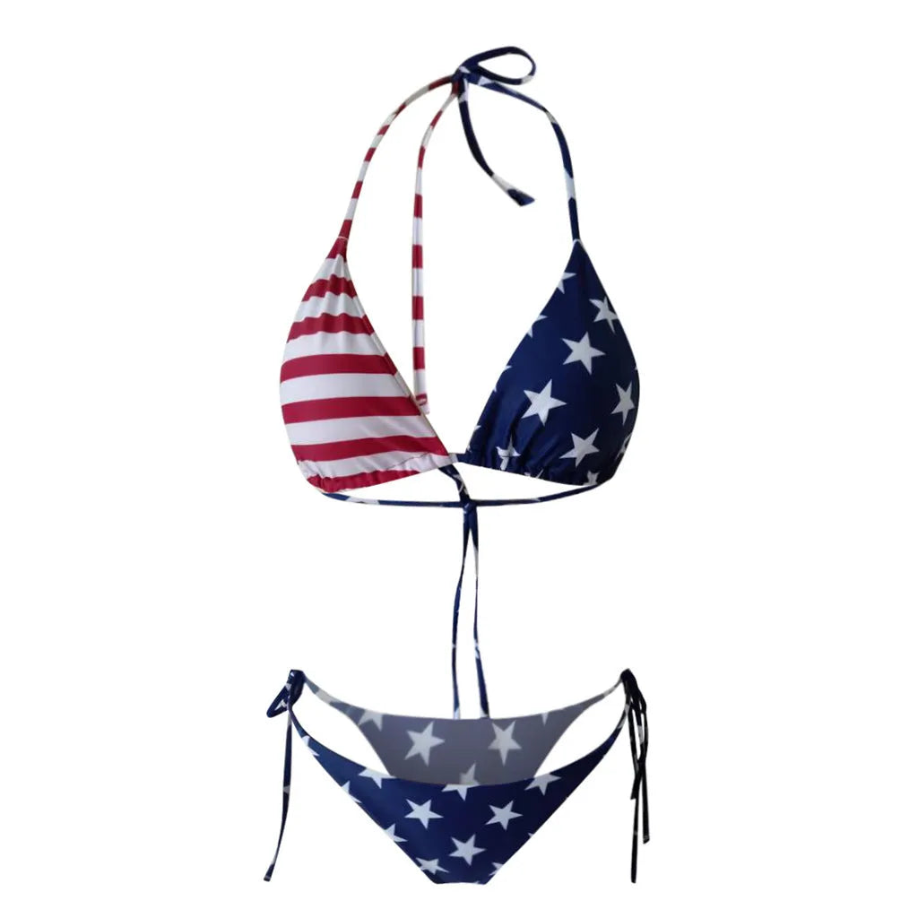 Printed polyester bikini split swimsuit in national flag colour with built-in chest pad, women swimwear