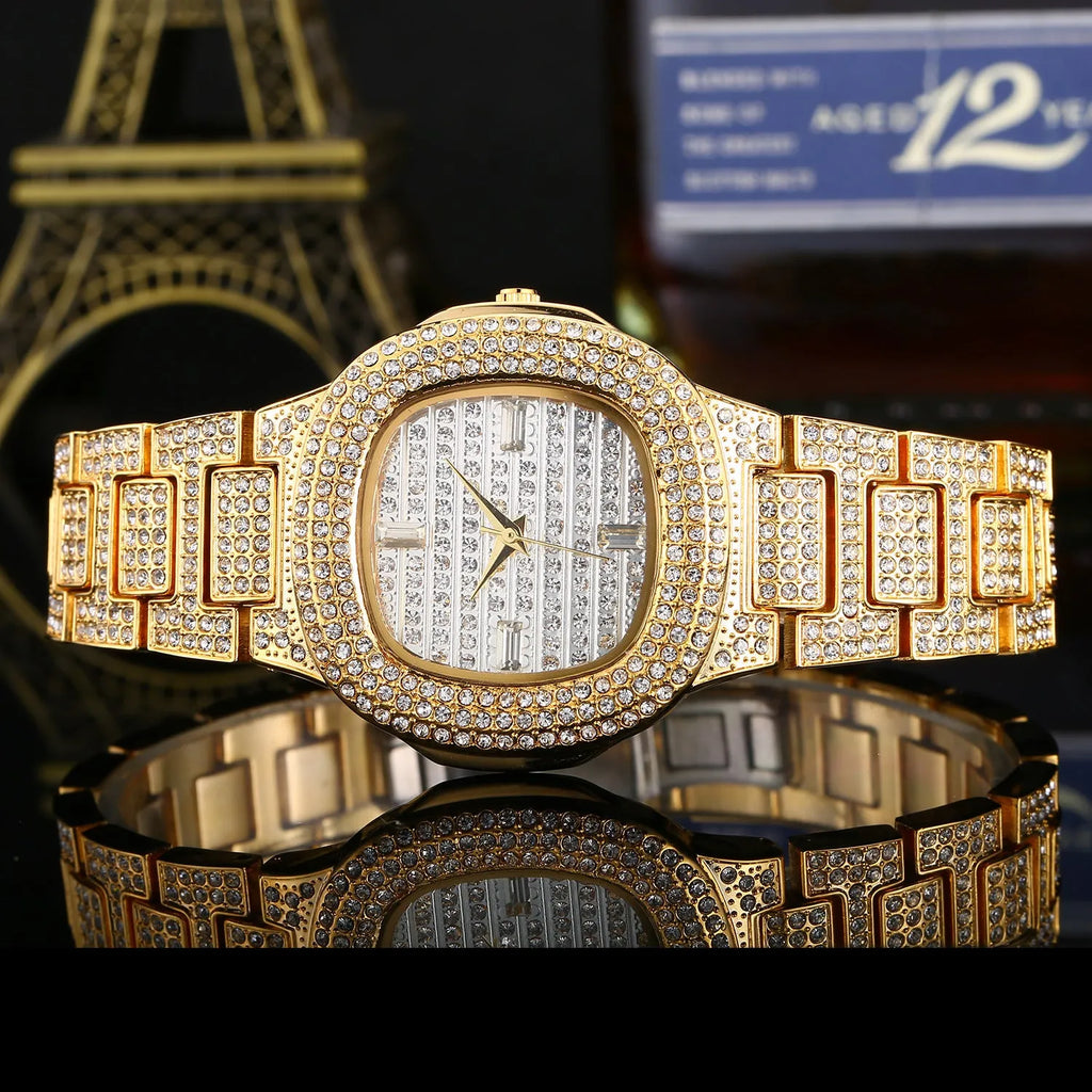 Women's fashion diamond watch with 37mm dial and alloy strap in golden finish