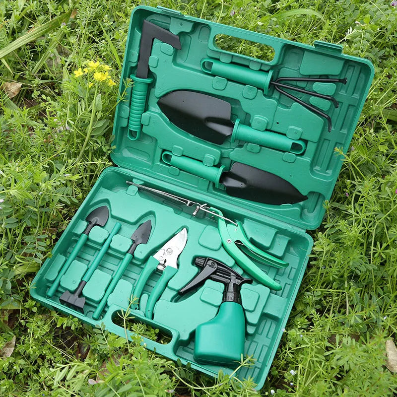 Ten-piece gardening tool set with iron heads and plastic handles, green colour option