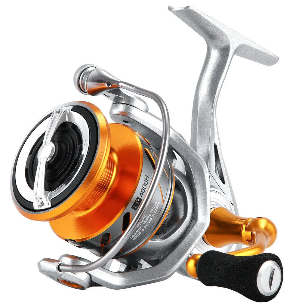 All metal long cast speed ratio spinning fishing reel in silver and red, 2000HX size on grey background