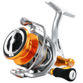 All metal long cast speed ratio spinning fishing reel in silver and red, 2000HX size on grey background