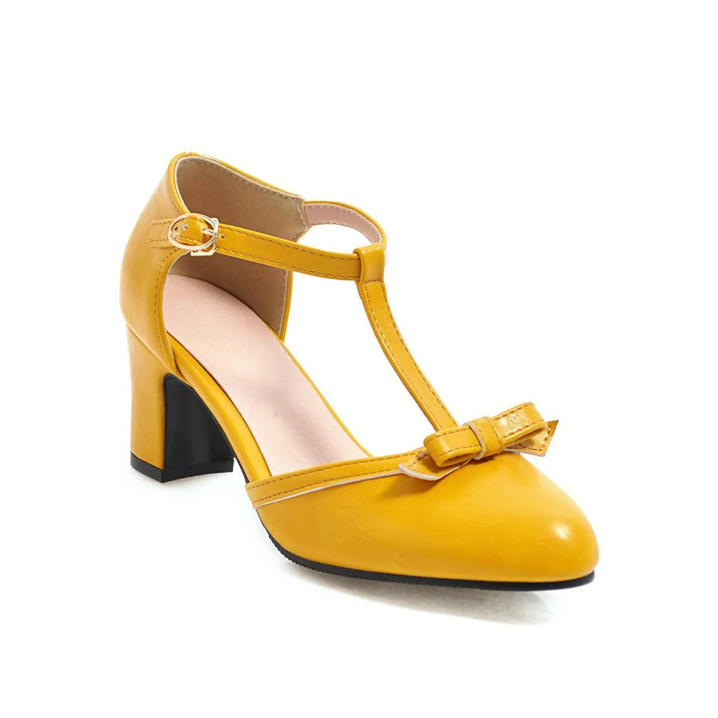 Women's chunky heel sandals with bow tie decoration and hollow out detail in apricot colour