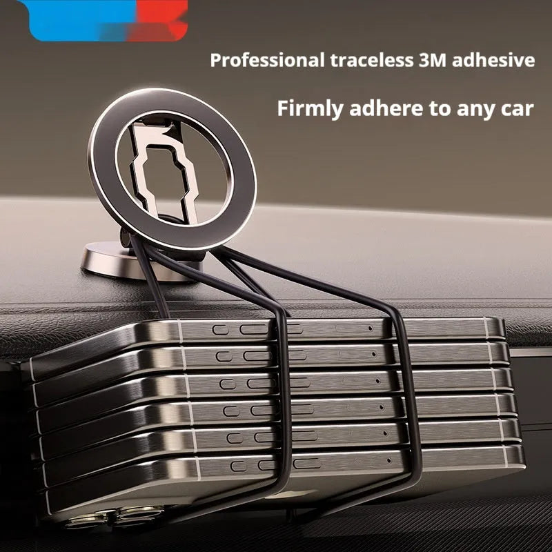 Car magnetic foldable metal bracket in black mounted on dashboard with phone attached
