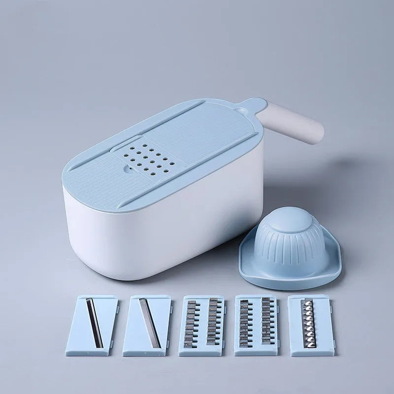 Nordic style multifunctional vegetable cutter in blue, grey, or khaki with stainless steel blades
