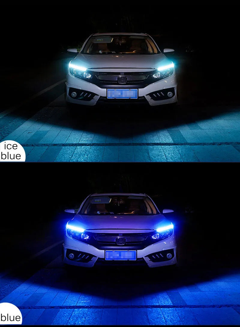 Flexible silicone car LED strip for daytime running lights and animated turn signals on a vehicle headlight.