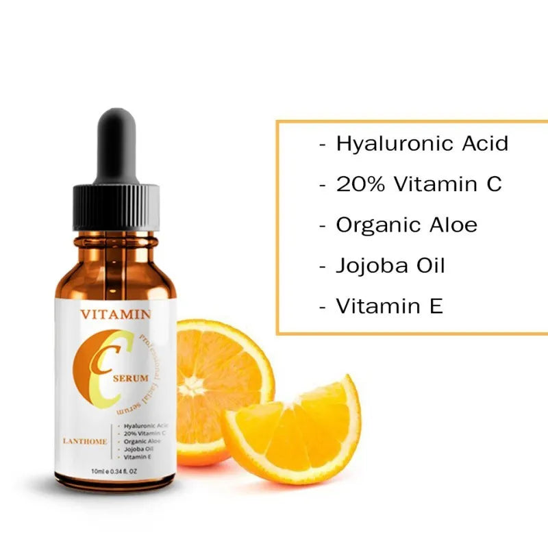 Bottle of Vitamin C and hyaluronic acid facial serum, 10ml net content, for anti-aging and whitening.