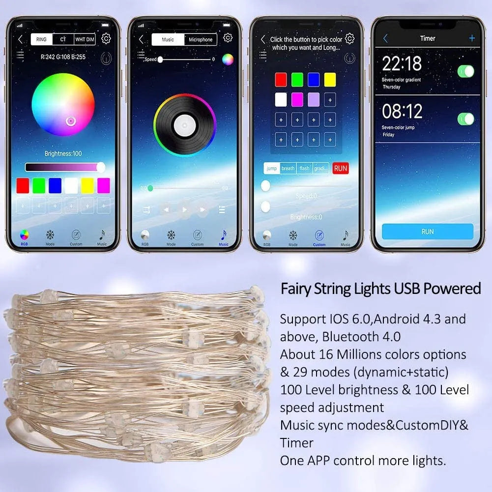 New Bluetooth Christmas tree decoration light with 100 LED beads on 10m string, IP65 rated, remote control for RGB colour