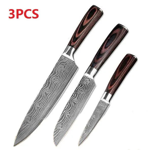 7Cr17 stainless steel kitchen knife with laser Damascus pattern blade and coloured wood handle